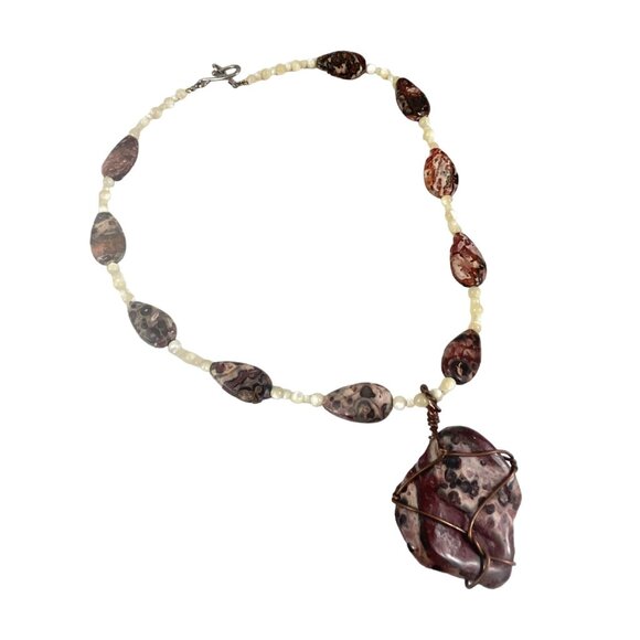 Handcrafted Leopard Skin Jasper & Pearl Necklace With Copper Wire Wrap Pendant - Picture 4 of 7